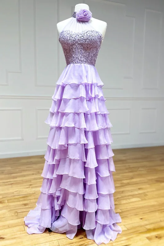 Instant Savings Lavender A line High Neck Tiered Chiffon Prom Dress with 3D Flower
