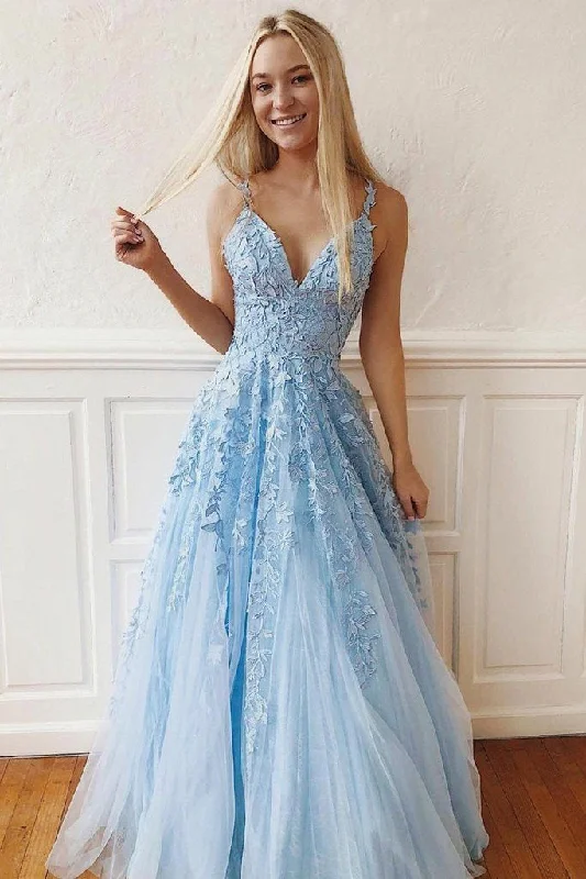 New Deals Light Sky Blue Straps V-Neck Prom Dresses with Lace Backless Long Formal Dresses N1736 New Deals Light Sky Blue Straps V-Neck Prom Dresses with Lace Backless Long Formal Dresses N1736