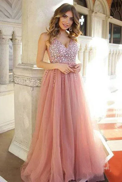 New Deals Shiny V-Neck Tulle Long Prom Dresses A-Line Sleeveless Sequins Party Dresses N1496