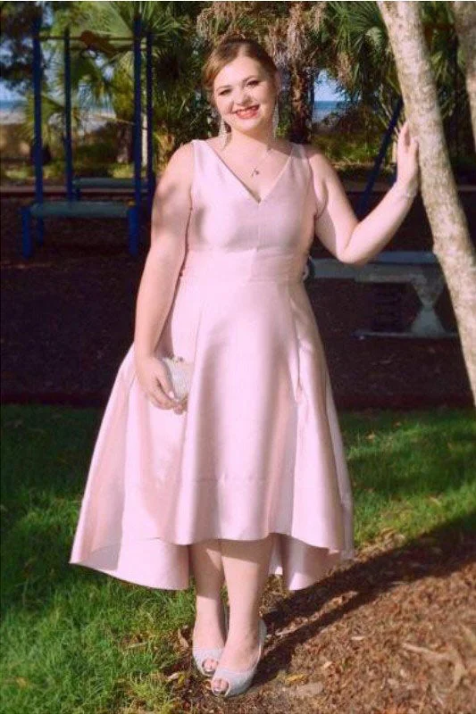 Unbeatable Prices Princess V-neck Sleeveless Ruched Asymmetrical Satin Plus Size Dresses High Low Dresses N2227
