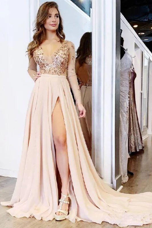 Shop and Save Long Sleeve See Through V-Neck Prom Dresses Elegant Split Evening Dresses N1494