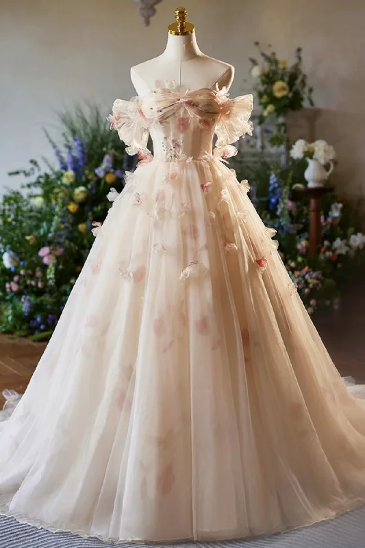 Buy Now Champagne Off the Shoulder Tulle Floral Floor Length Long Prom Dresses