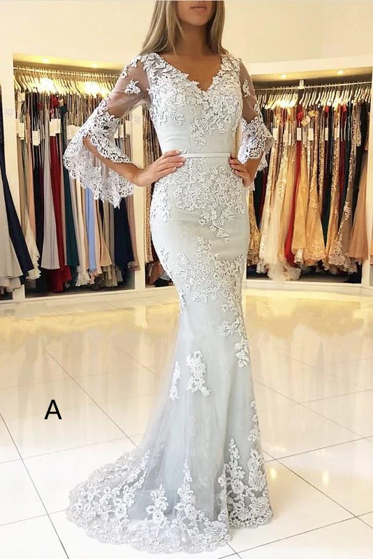 Early Access Mermaid White V-Neck Lace Appliqued Evening Dresses with Sleeves N2026