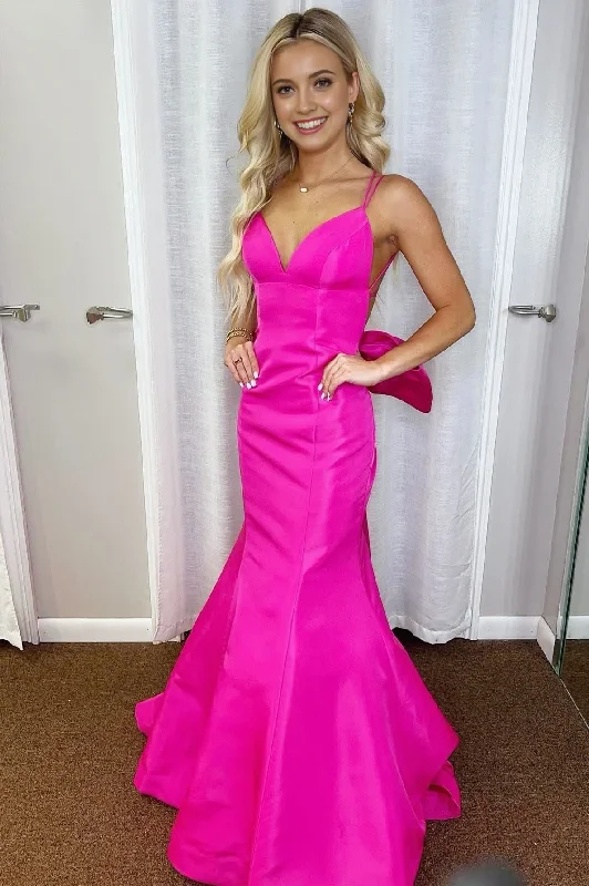 Take Advantage Hot Pink V-Neck Bow-Back Trumpet Long Gown