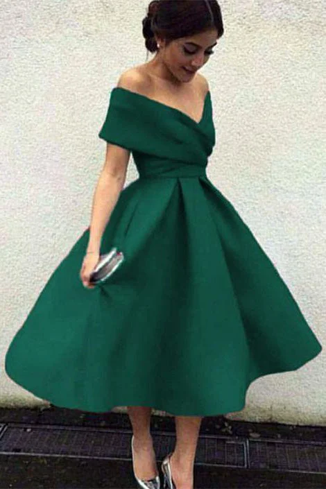 Shop and Save Green Off the Shoulder Tea Length Satin Cute Homecoming Dresses