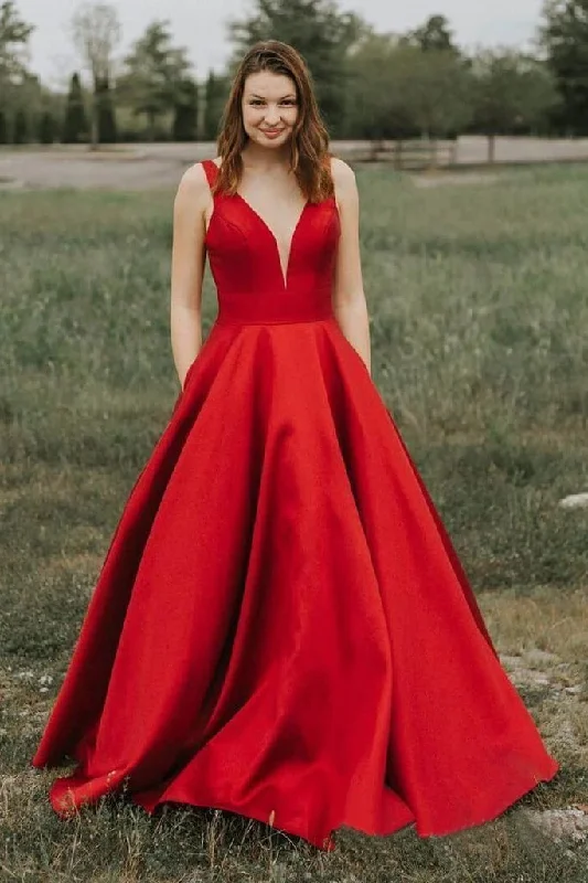 YEAR-End Sale A Line V-Neck Satin Red Fluffy Prom Dresses with Pockets
