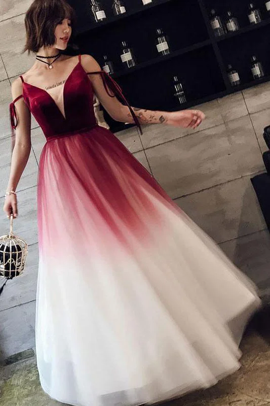 Price Fest Ombre Long Tulle Prom Dresses Unique V Neck Sleeveless Party Dresses Dance Dresses N1598