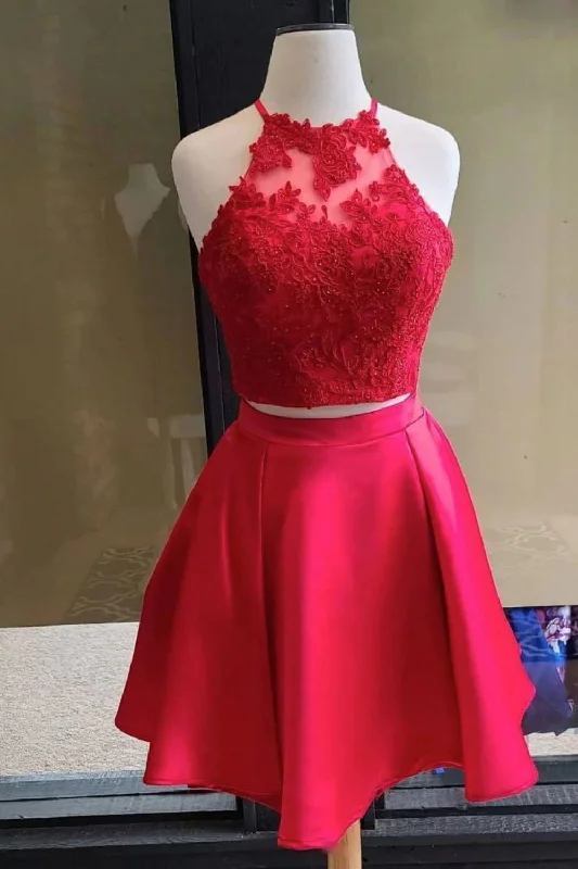 Deal Explosion A Line Halter Lace Top beading Homecoming Dress