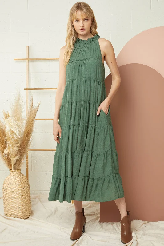Incredible Offers Sleeveless Mock Neck Tiered Maxi Dress by Entro Clothing