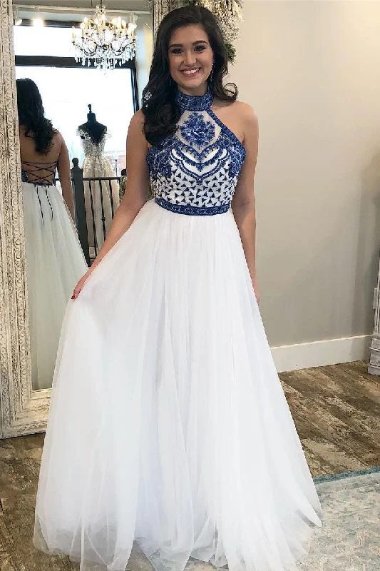 Holiday Sale White High Neck Long Prom Dresses with Royal Blue Embroidery Charming Party Dresses N1655