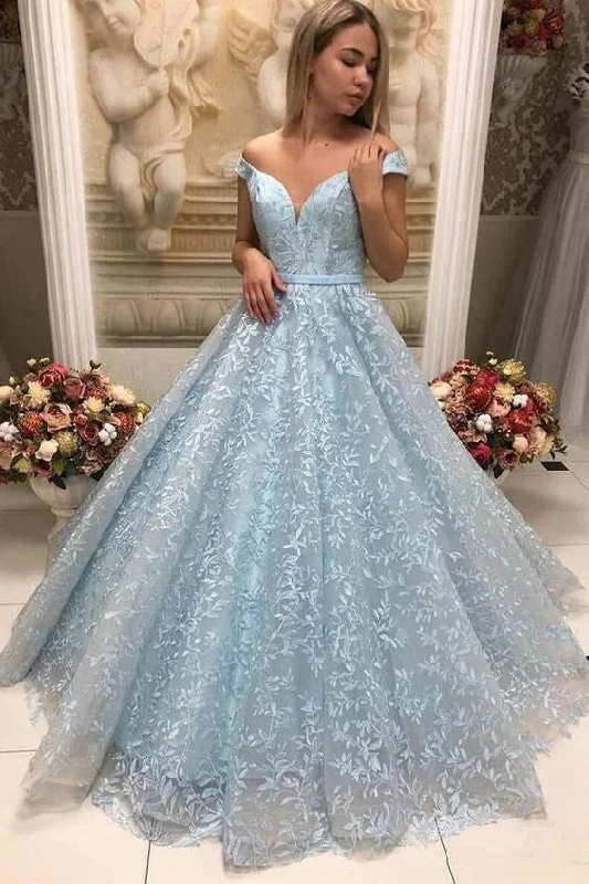 Crazy Savings Off The Shoulder Lace Light Blue Puffy Prom Dresses Elegant Evening Dresses