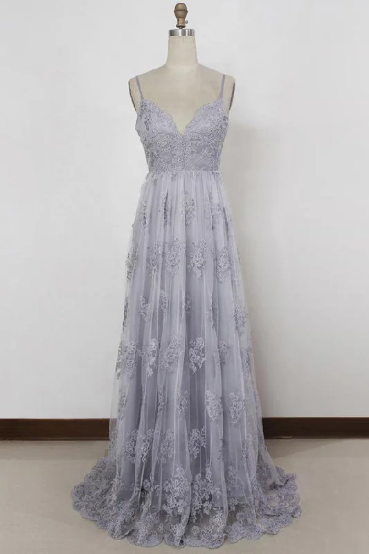 Instant Discount Spaghetti Straps Long Lace Prom Gown A Line V-Neck Sleeveless Formal Dresses N1701