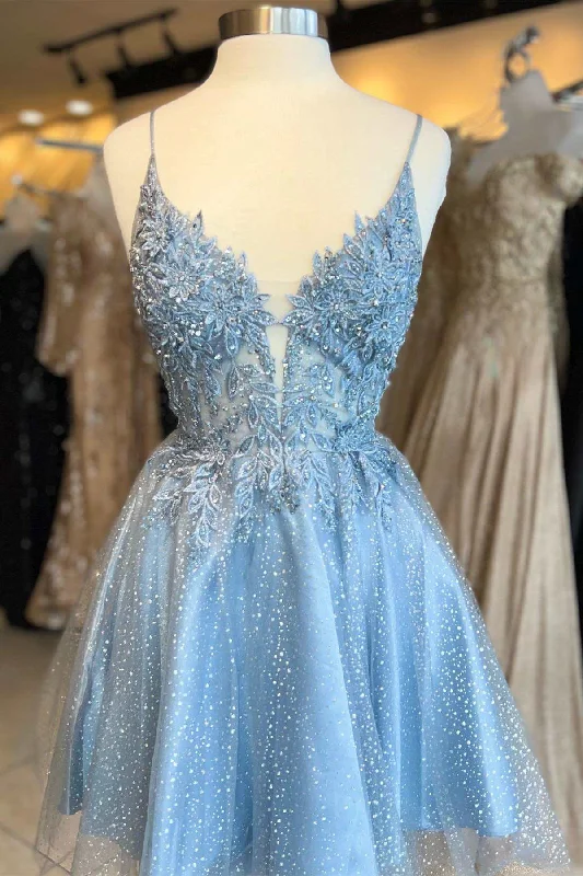 Extra Savings Light Blue Floral Lace Plunge Neck A-Line Short Party Dress