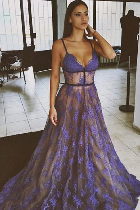 Sneak Peek Sale Purple Lace Spaghetti Straps Nude Lining Long Prom Dresses