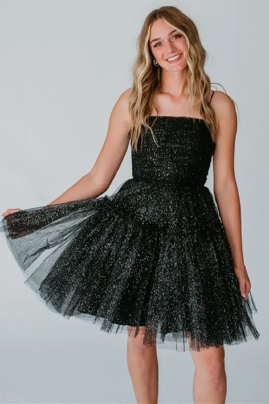 Final Clearance Glitter Black A-Line Spaghetti Straps Lace Up Short Tulle Homecoming Dress