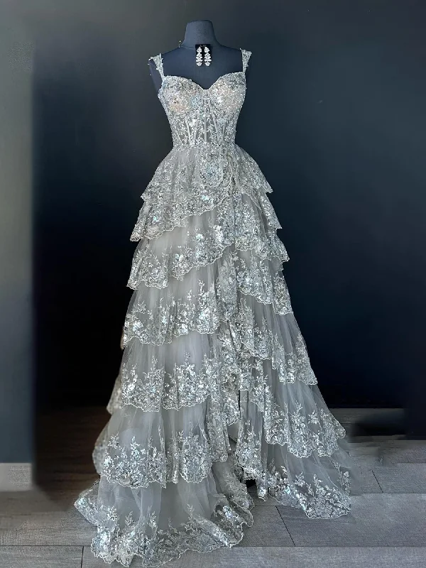 Exclusive Preview Silver Princess A Line Off the Shoulder Corset Prom Dress with Lace Ruffles