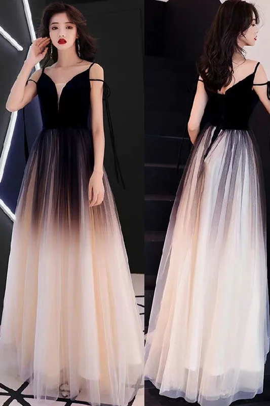 Blowout Sale V-Neck Sleeveless Ombre Black Tulle Long Prom Dresses