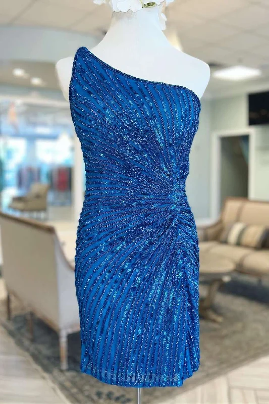 Unmissable Offer Blue Beaded One-Shoulder Short Cocktail Dress
