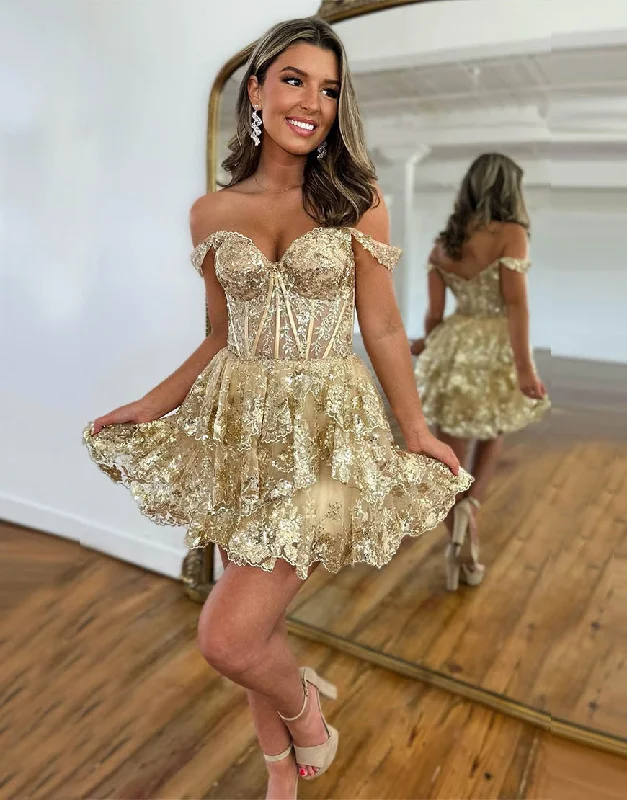 Bargain Prices Stunning A-Line Off The Shoulder Tiered Glitter Homecoming Dress With Appliques