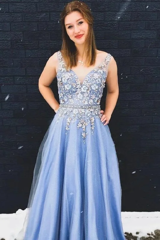 Price Reduction Gorgeous A Line V-Neck Appliques Sleeveless Sky Blue Beading Long Prom Dresses N2037