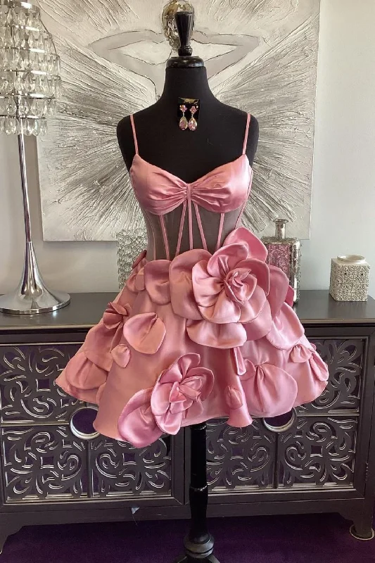 Quick Sale Cute A-Line Spaghetti Straps Short Satin Homecoming Dress With Flowers