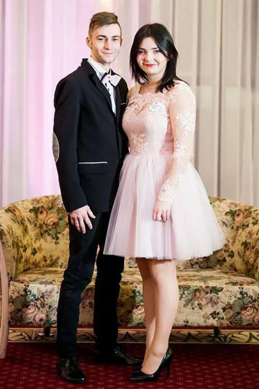 Sale Event Princess Sheer Neck Long Sleeves Applique Short Tulle Plus Size Prom Dresses N2231