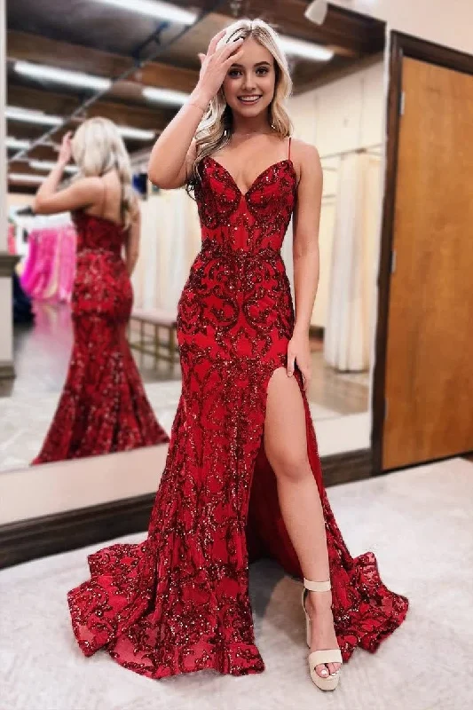 Hurry In Red V Neck Sequins Lace Mermaid Prom Dresses with Slit