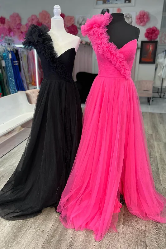 Midnight Madness A-Line One Shoulder Long Tulle Prom Dress with Ruffles