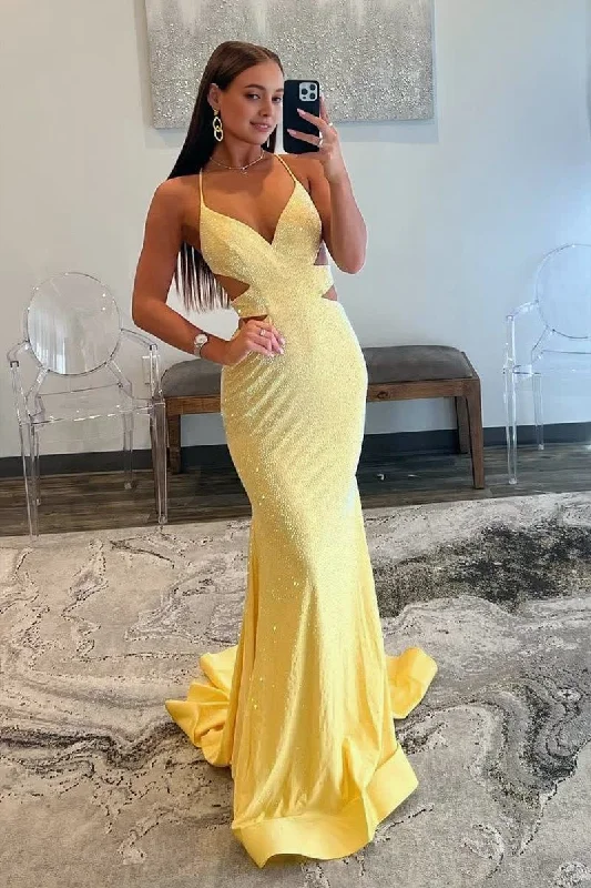 Now or Never Sparkly Mermaid V Neck Yellow Sequins Long Prom Dresses