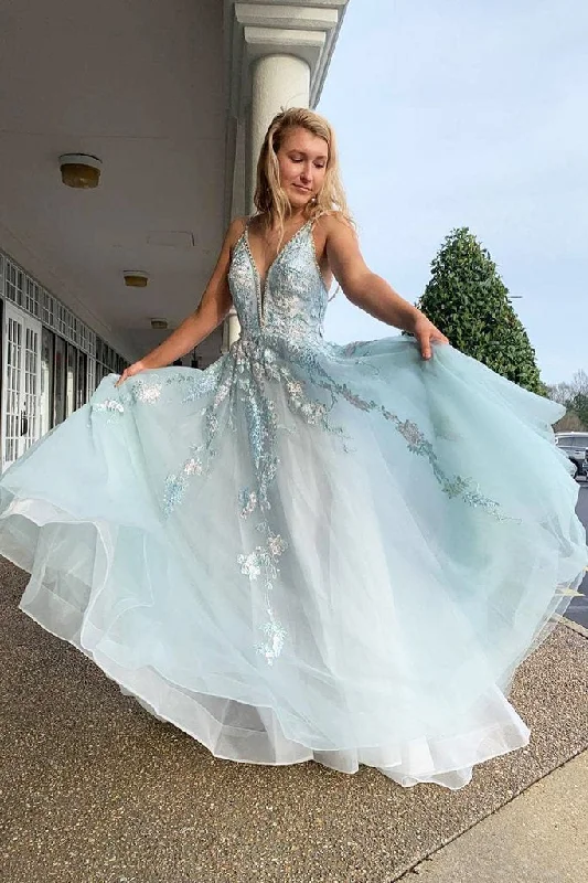 Quick Sale Spaghetti Straps Floral Appliques Long Prom Dresses With Beading