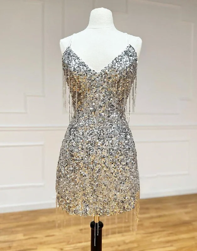 Stock Up and Save Silver V-Neck Glitter Sequin Homecoming Dress With Fringe