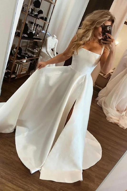 Online Only A Line Square Neck White Wedding Dress with Split Front