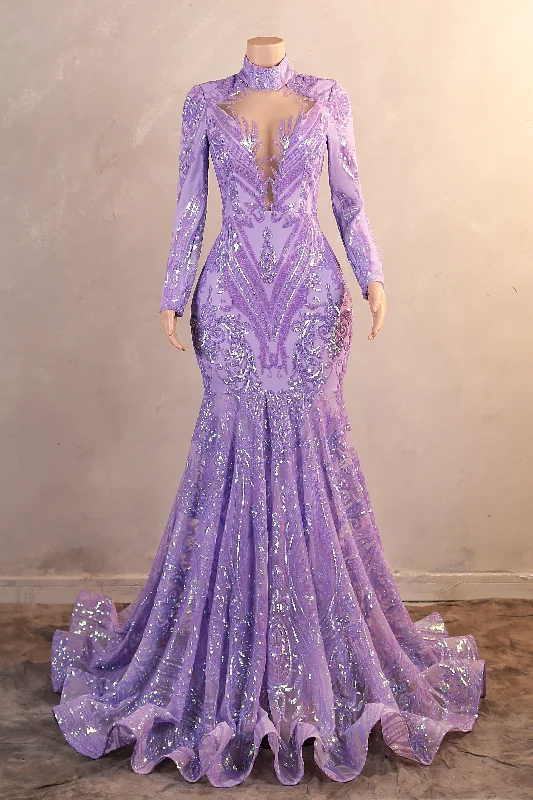 Instant Discount High Neck Long Sleeve Sweep Train Zipper Mermaid Evening Dress
