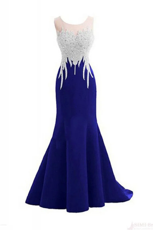 Mega Sale O-neck Beading Bodice Mermaid Long Prom Dresses Royal Blue Evening Dresses ED1475