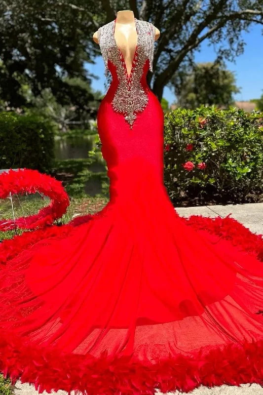 Special Savings Deep V-neck Mermaid Ruby Feather Silver Beaded Prom Dresses