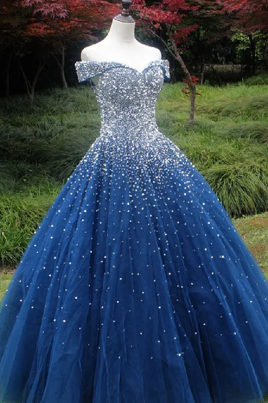 YEAR-End Clearance Sparkle Off the Shoulder Blue Ball Gown Prom Dresses Puffy Tulle Quinceanera Dresses N2169
