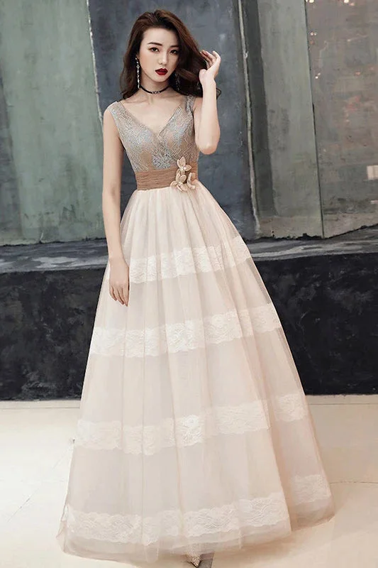 Price Cut Unique V-Neck Tulle Lace Long Prom Dresses Tulle V Back Evening Dresses with Train N2092
