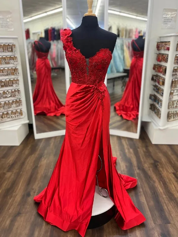 Don’t Miss Out Red One-Shoulder 3D Floral Lace Pleated Long Gown with Slit