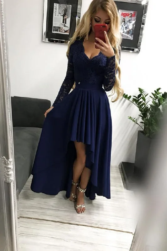 Clearance Items High Low Long Sleeves V-Neck Prom Dresses Dark Blue A Line Graduation Dresses with Lace N1690