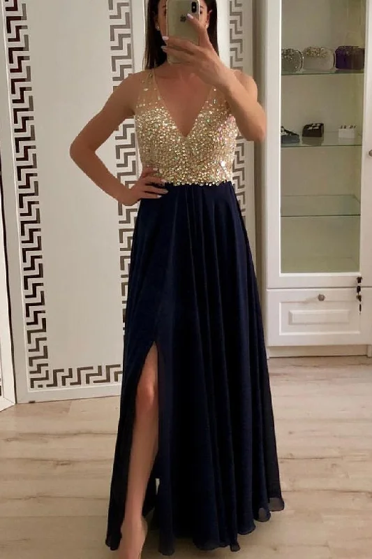 Amazing Deals A Line V-Neck Prom Dresses with Rhinestones and Beading Sparkly Flowy Formal Dresses N1551