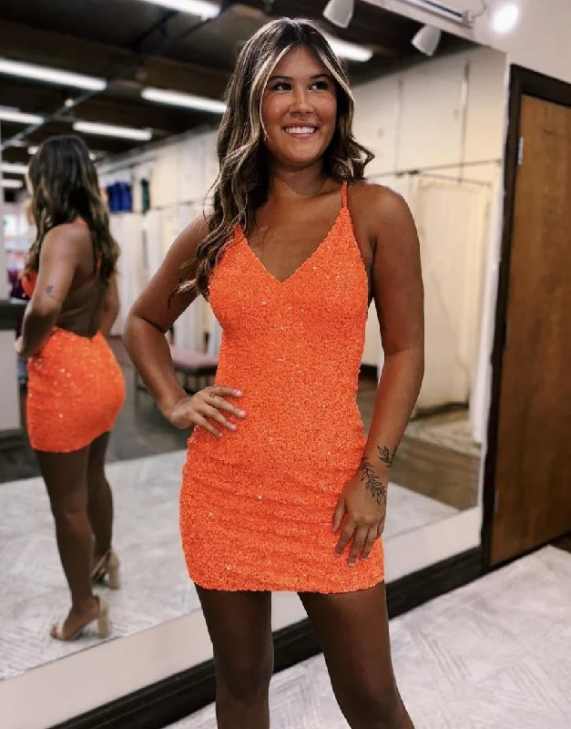 Clearance Items Bodycon V-Neck Cross Back Short Glitter Sequin Homecoming Dress