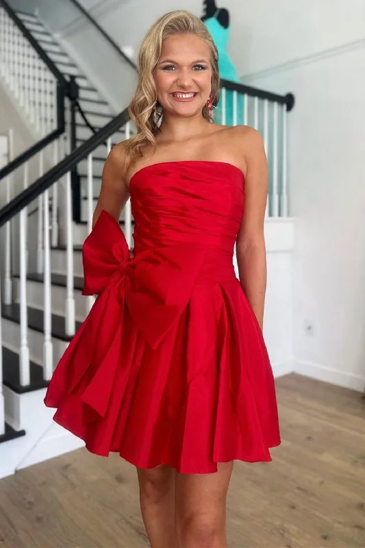Early Bird Discount Red A Line Strapless Short Satin Homecoming Dress With Bow-knot