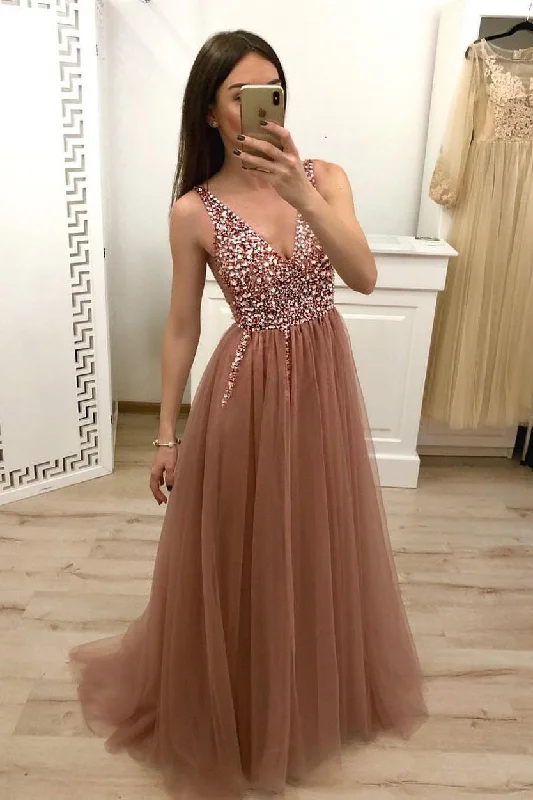 Extra Discounts A Line Tulle Beading Prom Dresses with Rhinestones  Sleeveless Long Prom Dresses N1584