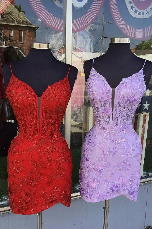 Price Reduction Red Spaghetti Straps Applique Tight Homecoming Dress