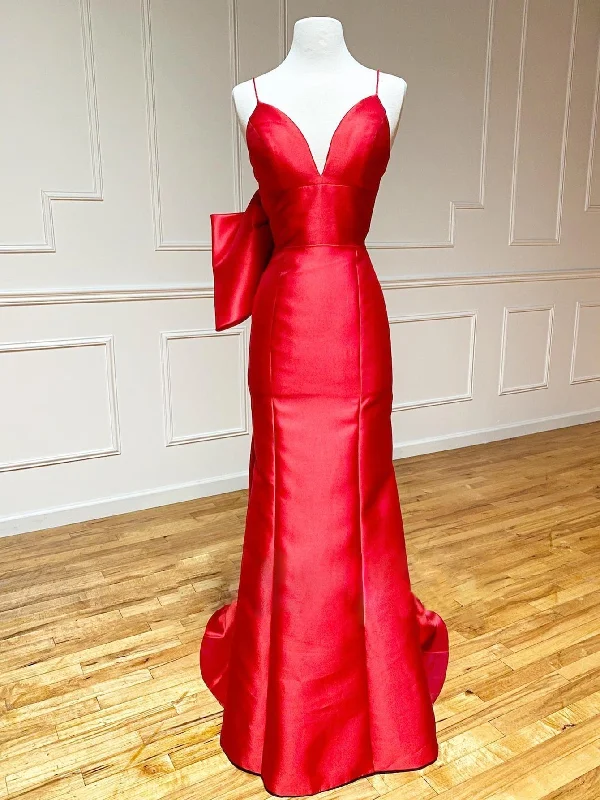 Sale Event Red Satin Mermaid V Neck Long Prom Dress With Bow Tie