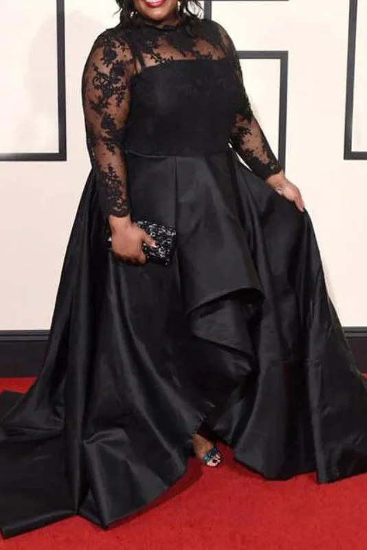 Loyalty Reward Black Long Sleeves Satin Plus Size Prom Dresses with Lace Long Prom Gown N2216