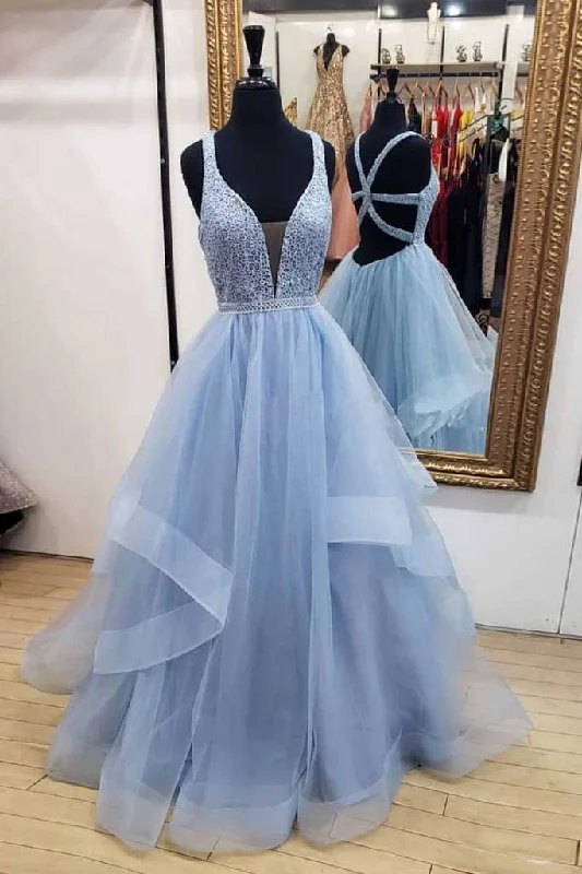 Price Fest Blue Long Prom Dresses Deep V-Neck Tulle Party Dresses Floor Length Sleeveless Dresses N1561