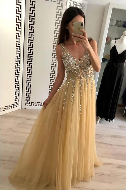 Super Sale Sparkly V-Neck Sleeveless Beading Prom Dresses with Crystal A Line Tulle Party Dresses N1588