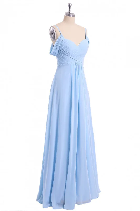 Season Finale Sale Light Sky Blue Off Shoulder Spaghetti Strap Chiffon Floor Length Bridesmaid Dress N2057