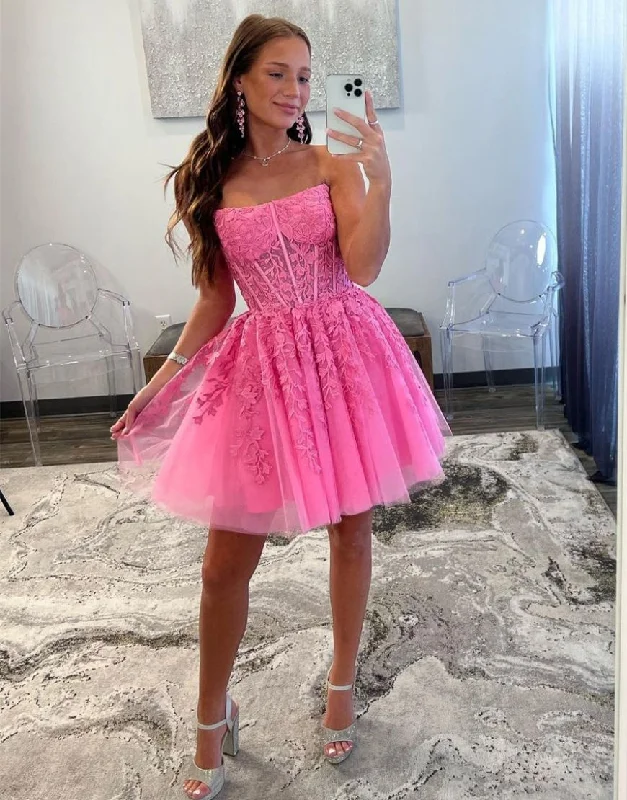 Lowest Price Hot Pink A-Line Strapless Tulle Homecoming Dress With Appliques